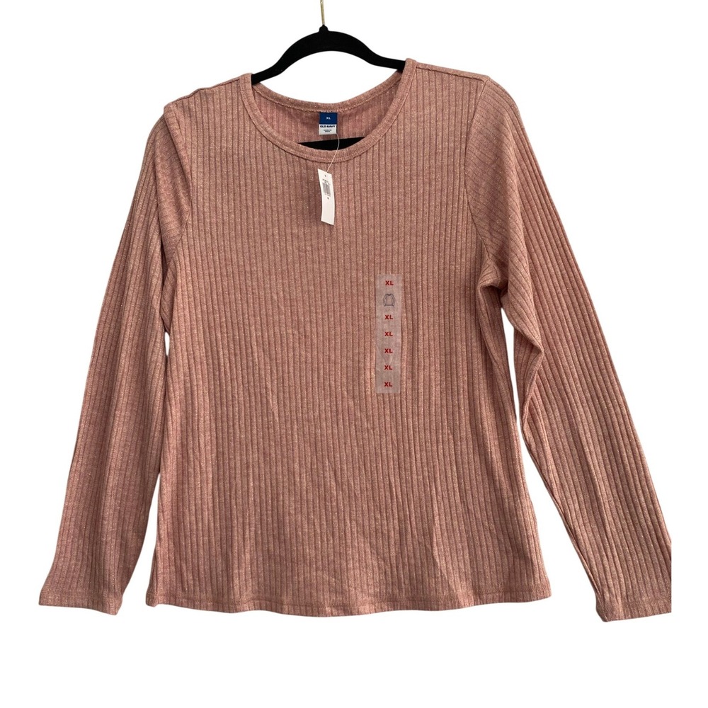 Old Navy Ribbed Long Sleeve Top Womens XL Pink Gold Metallic Sparkle Crew Neck